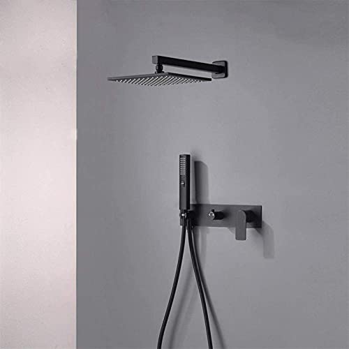SUNESA Duschset Mattschwarz – Messing, 2-Funktionen, Doppelschalter, Regendusche & Brauseschlauch, verdeckt, 12" Kopf