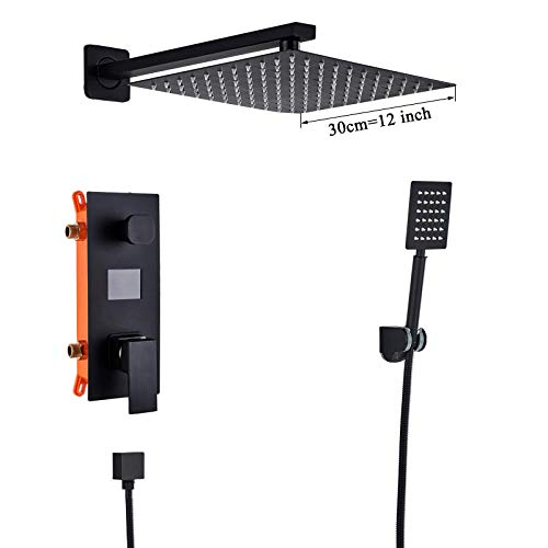 SUNESA Duschsystem Schwarz 12" mit Digitalanzeige, 2-Funktions Regendusche & Mischbatterie, modernes Bad-Set