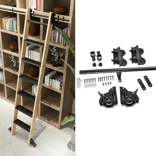 3,3-20 Fuß Teleskop-Schiebeleiter-Hardware-Kit für Bibliotheksleitern, Schwarze runde Rohr-Mobilleiterschienen (ohne Leiter), Bodenrolle mit Bremse
