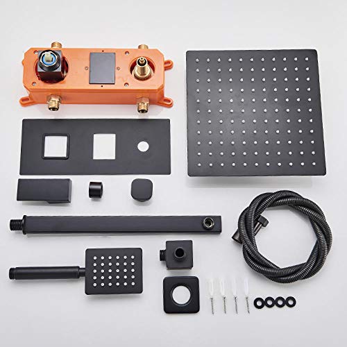 SUNESA Duschsystem Schwarz 12" mit Digitalanzeige, 2-Funktions Regendusche & Mischbatterie, modernes Bad-Set