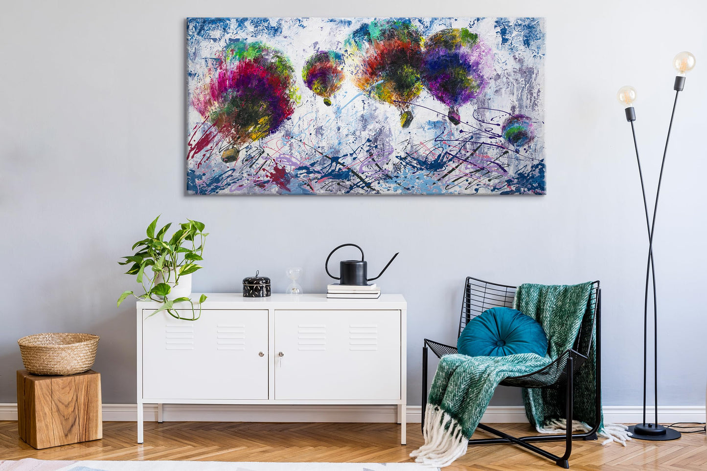 YS-Art Acryl Gemälde Freiflug 160x80 cm – Handgemalte Heißluftballon Kunst auf Leinwand, bunt & modern fürs Wohnzimmer 4o