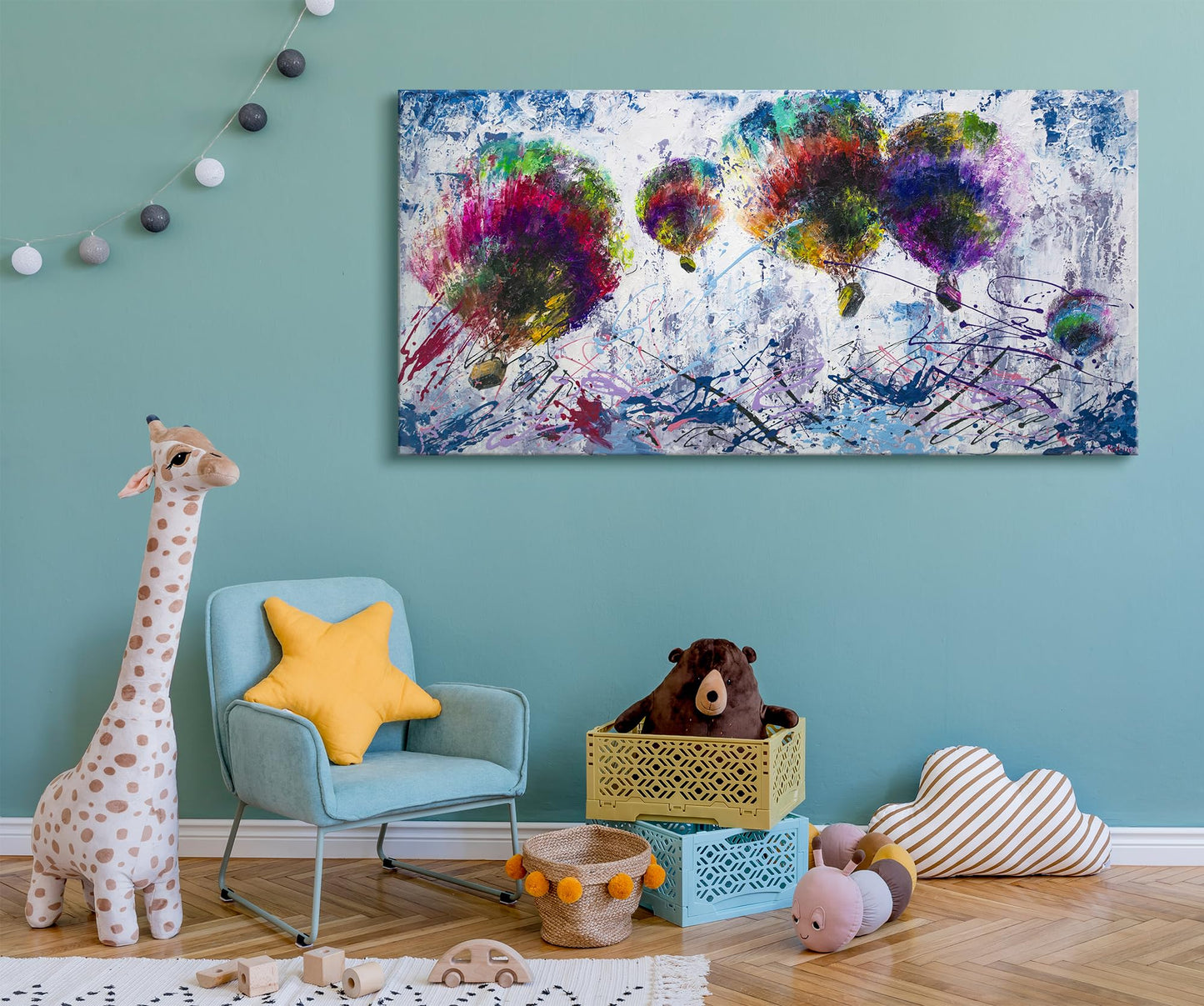 YS-Art Acryl Gemälde Freiflug 160x80 cm – Handgemalte Heißluftballon Kunst auf Leinwand, bunt & modern fürs Wohnzimmer 4o