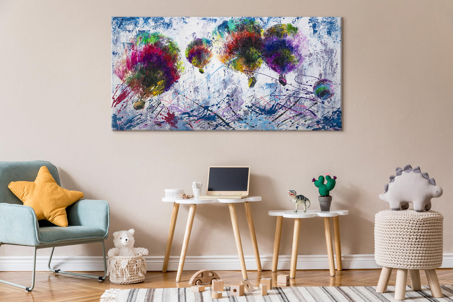 YS-Art Acryl Gemälde Freiflug 160x80 cm – Handgemalte Heißluftballon Kunst auf Leinwand, bunt & modern fürs Wohnzimmer 4o