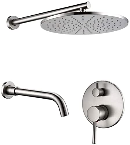 SUNESA Duschsystem 2-Wege, Massivmessing, gebürstetes Nickel, 8–12", Brausegarnitur & Wannenarmatur, 10 Zoll (260 mm)