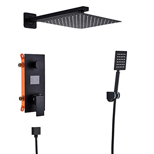 SUNESA Duschsystem Schwarz 12" mit Digitalanzeige, 2-Funktions Regendusche & Mischbatterie, modernes Bad-Set