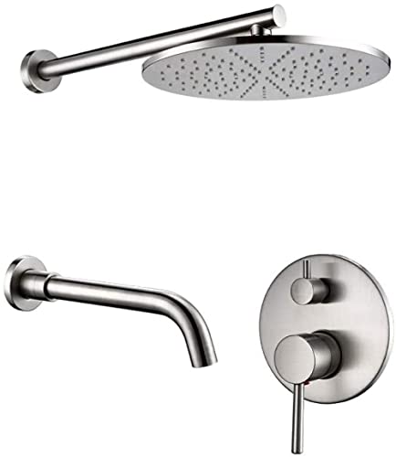 SUNESA Duschsystem 2-Wege, gebürstetes Nickel, Massivmessing, 8–12", inkl. Brausegarnitur & Badewannenarmatur, 260 mm