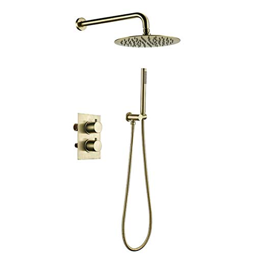 SUNESA Badezimmer-Shwoer-Wasserhahn, gebürstetes Gold, Duschset, 2 Griffe, Umsteller, Thermostat-Mischventil, Duschsystem-Set, 10 Zoll ()