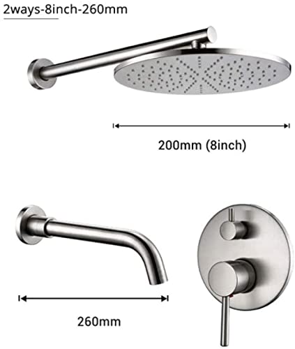 SUNESA Duschsystem 2-Wege, gebürstetes Nickel, Massivmessing, 8–12", inkl. Brausegarnitur & Badewannenarmatur, 260 mm