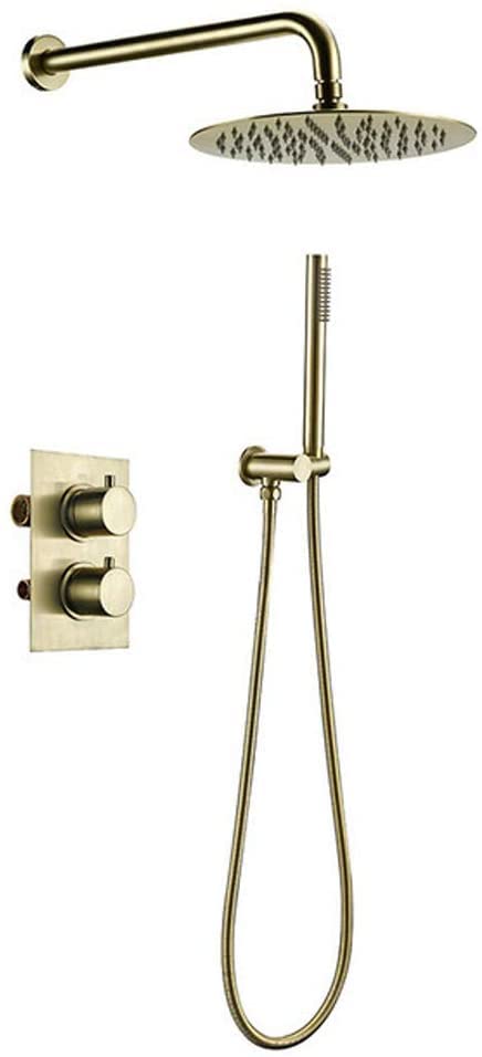 SUNESA Badezimmer-Shwoer-Wasserhahn, gebürstetes Gold, Duschset, 2 Griffe, Umsteller, Thermostat-Mischventil, Duschsystem-Set, 10 Zoll ()