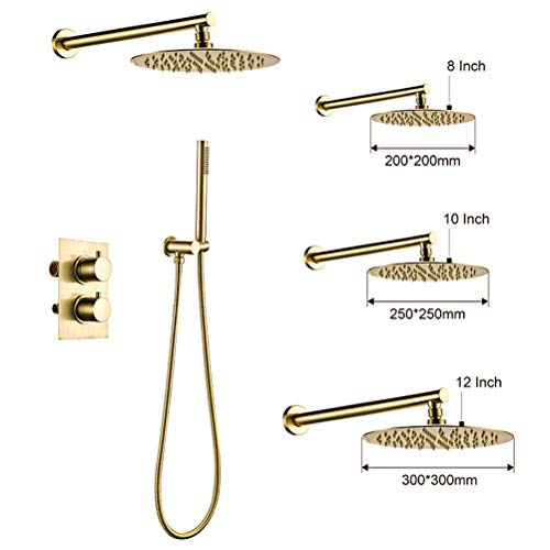 SUNESA Badezimmer-Shwoer-Wasserhahn, gebürstetes Gold, Duschset, 2 Griffe, Umsteller, Thermostat-Mischventil, Duschsystem-Set, 10 Zoll ()