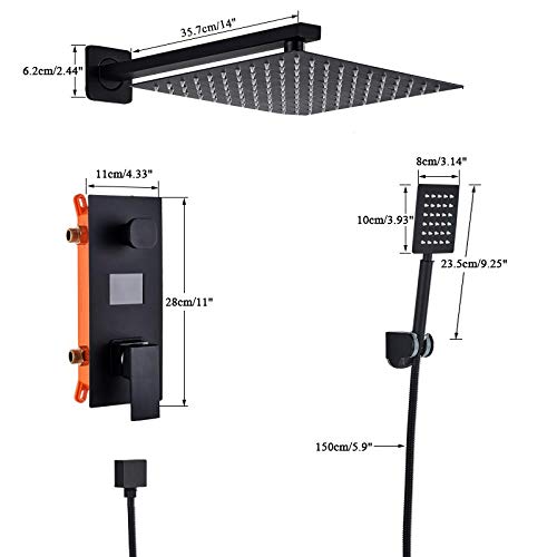 SUNESA Duschsystem Schwarz 12" mit Digitalanzeige, 2-Funktions Regendusche & Mischbatterie, modernes Bad-Set