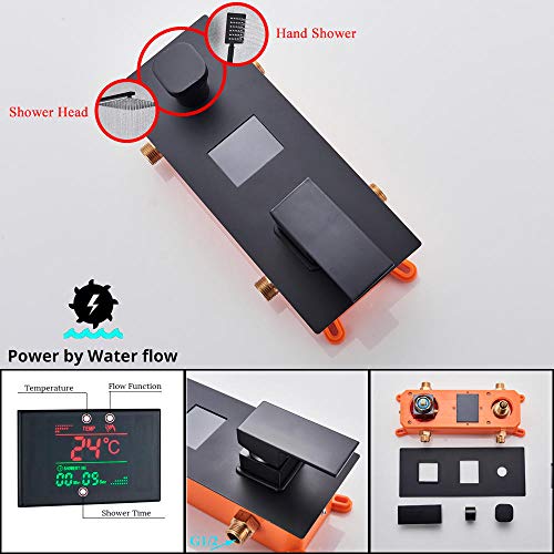 SUNESA Duschsystem Schwarz 12" mit Digitalanzeige, 2-Funktions Regendusche & Mischbatterie, modernes Bad-Set