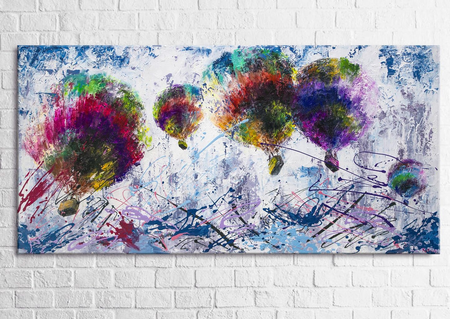 YS-Art Acryl Gemälde Freiflug 160x80 cm – Handgemalte Heißluftballon Kunst auf Leinwand, bunt & modern fürs Wohnzimmer        4o